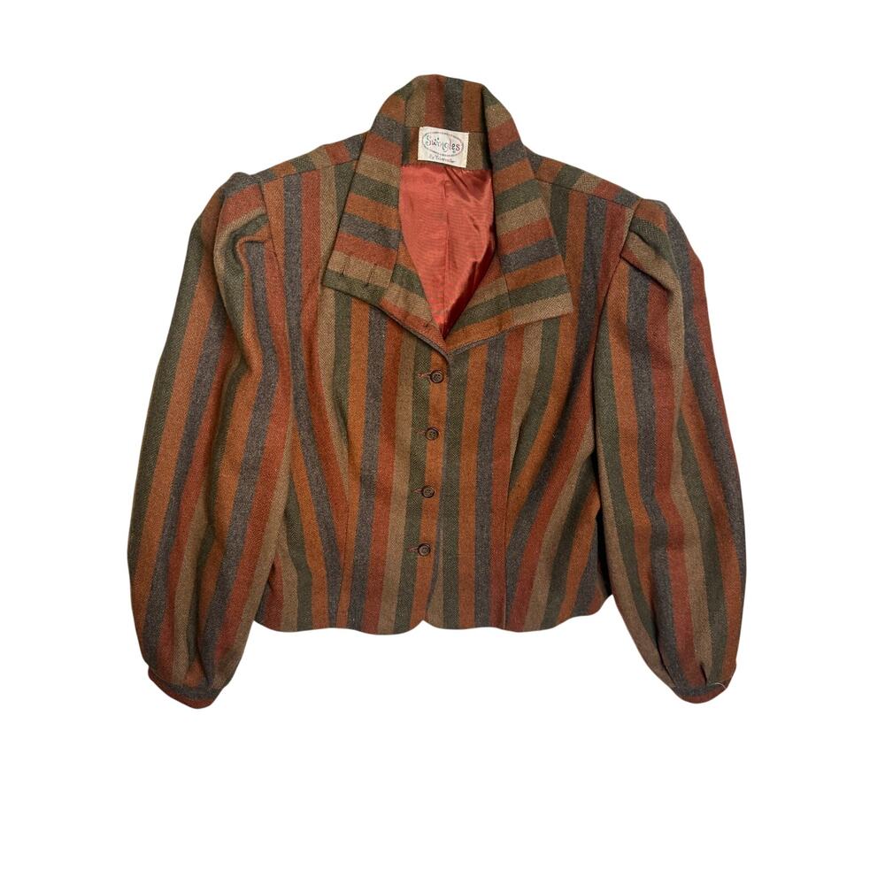 Vintage 70s Swingles Cropped Wool Jacket Puff Sleeve Stripe ILGWU USA S/M